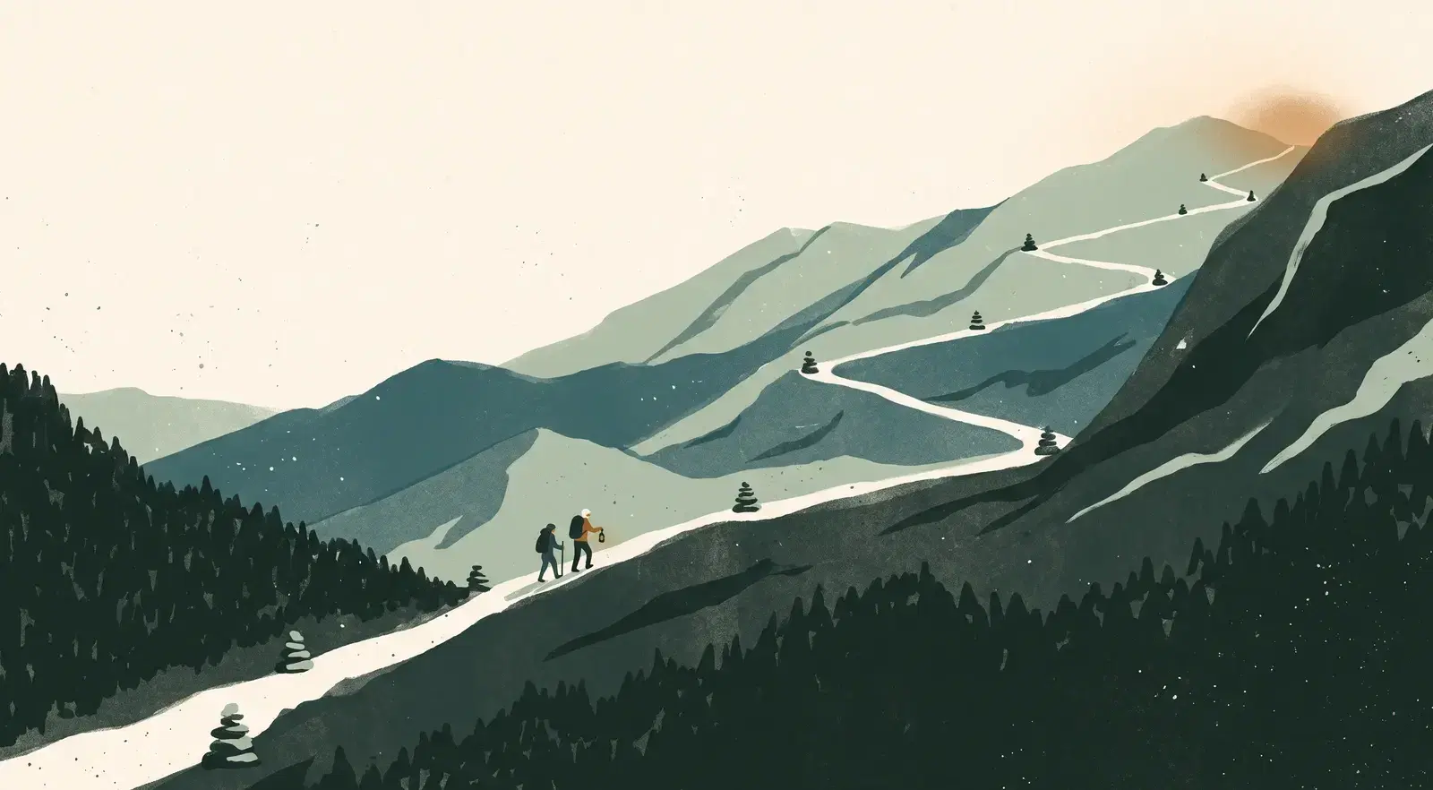 An illustrated mountain trail climbing through switchbacks, marked by small stone cairns, with two small hikers walking together toward a warm dawn glow at the summit.