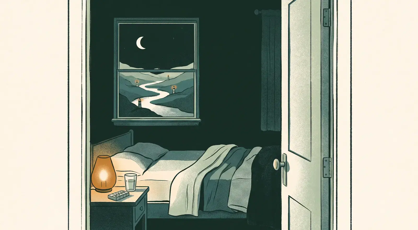 An illustrated bedroom at night seen through an open door: an unmade bed, a bedside table with an amber lamp, a glass of water and a small pill box, and a window showing a crescent moon over a valley where a river winds past small lighthouses.