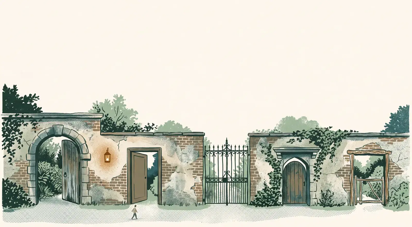 An illustrated old garden wall with a row of different doorways: a stone arch, a plain wooden door standing open, an iron gate, a pointed wooden door and a rustic gate, with a small amber lantern beside one and a tiny figure walking along the path.