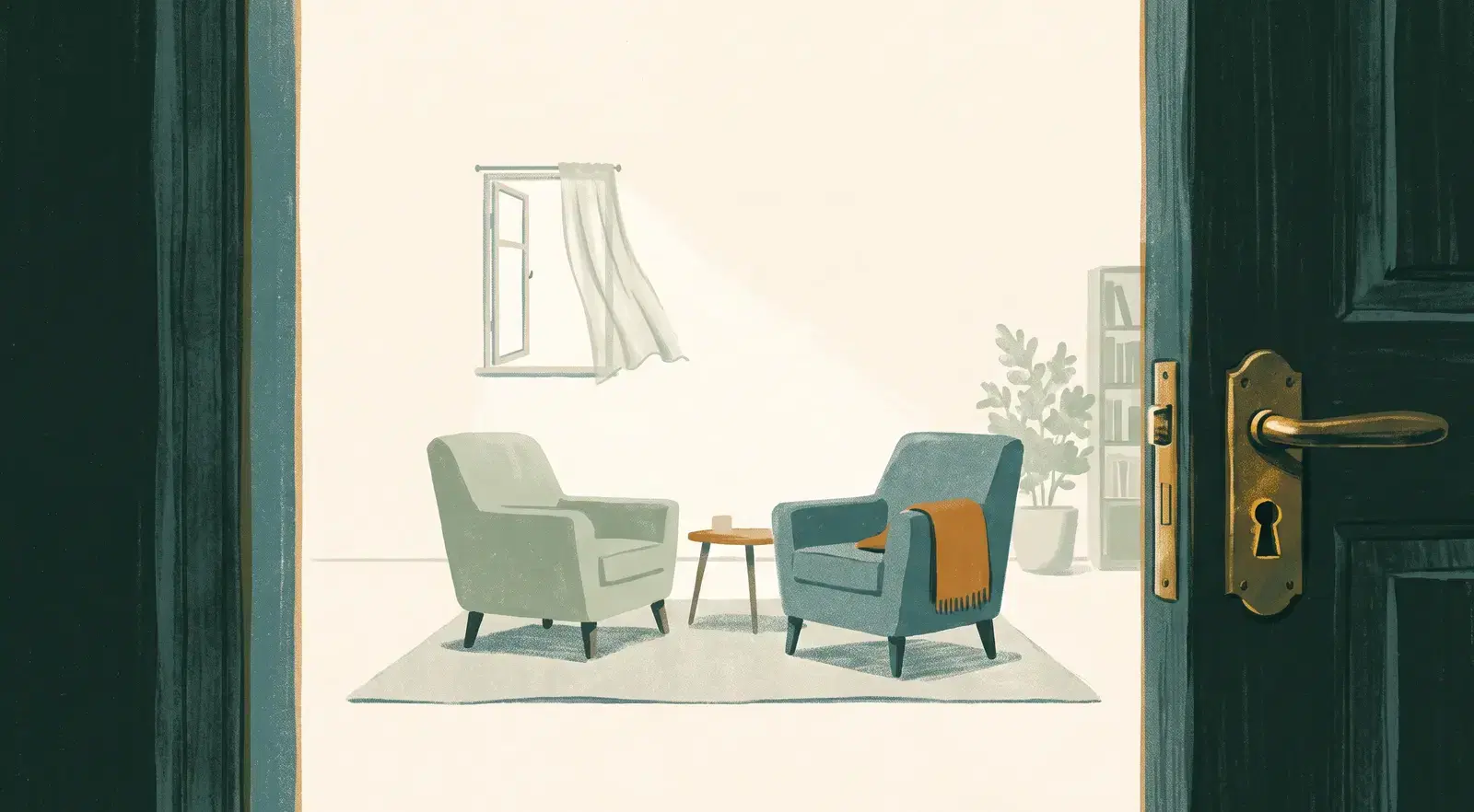 An illustrated therapy room seen through a heavy door with a brass keyhole: two armchairs face each other on a rug, and on the far wall a small window stands open, its curtain lifting in the breeze.