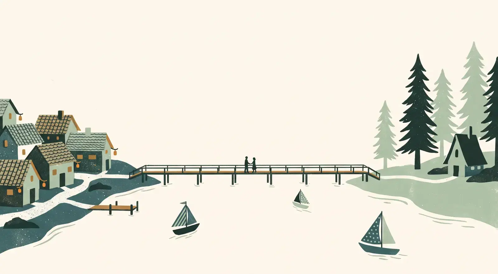 An illustrated river crossing: on one bank a cluster of tiled-roof houses with lanterns, on the other pine trees and a small house of a different shape, with a long wooden footbridge between them where two tiny figures meet in the middle, and sailboats with different patterned sails on the water.