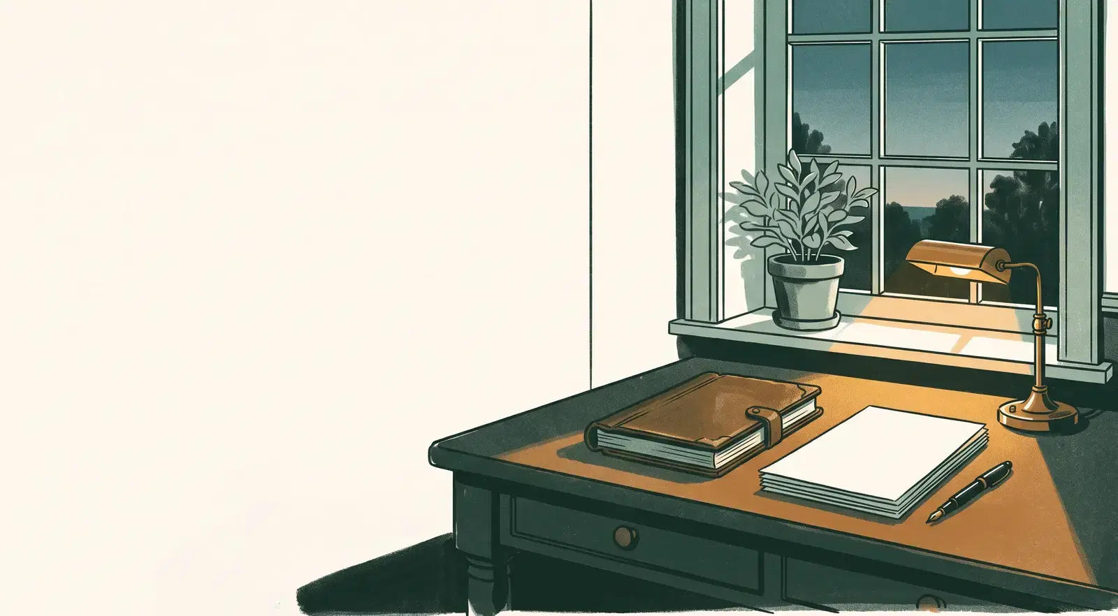 An illustrated writing desk by a tall window at dusk, with a closed leather ledger, a neat stack of blank pages, a fountain pen and a small brass lamp casting warm light.
