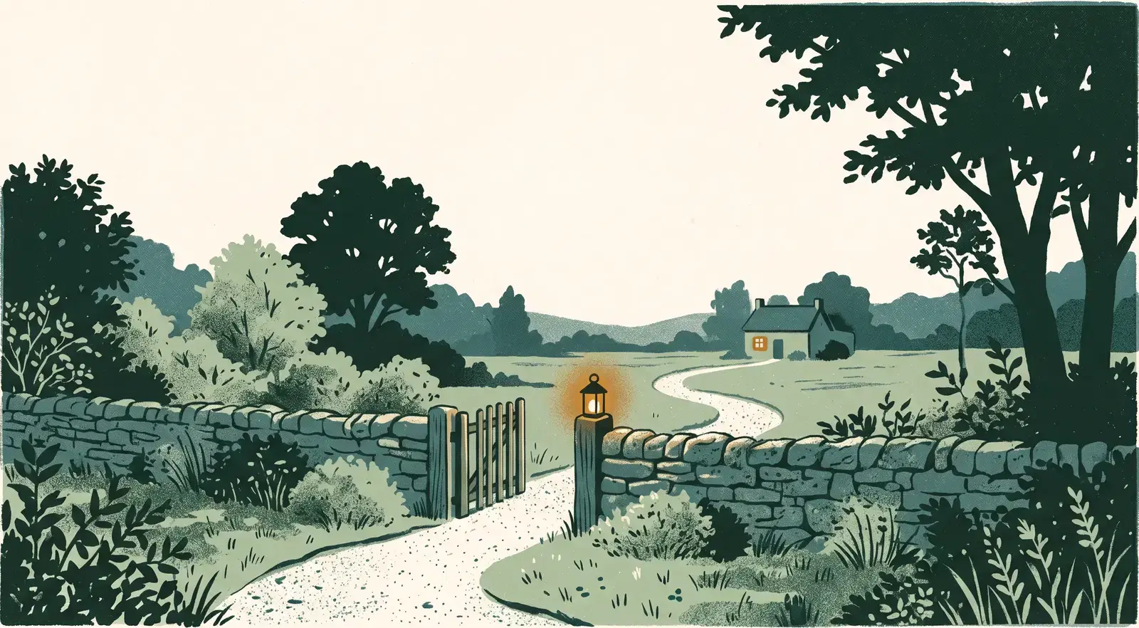An illustrated garden enclosed by a low stone wall, with an open wooden gate, a lantern on the gatepost, and a gravel path winding out across a field to a small house with one lit window.