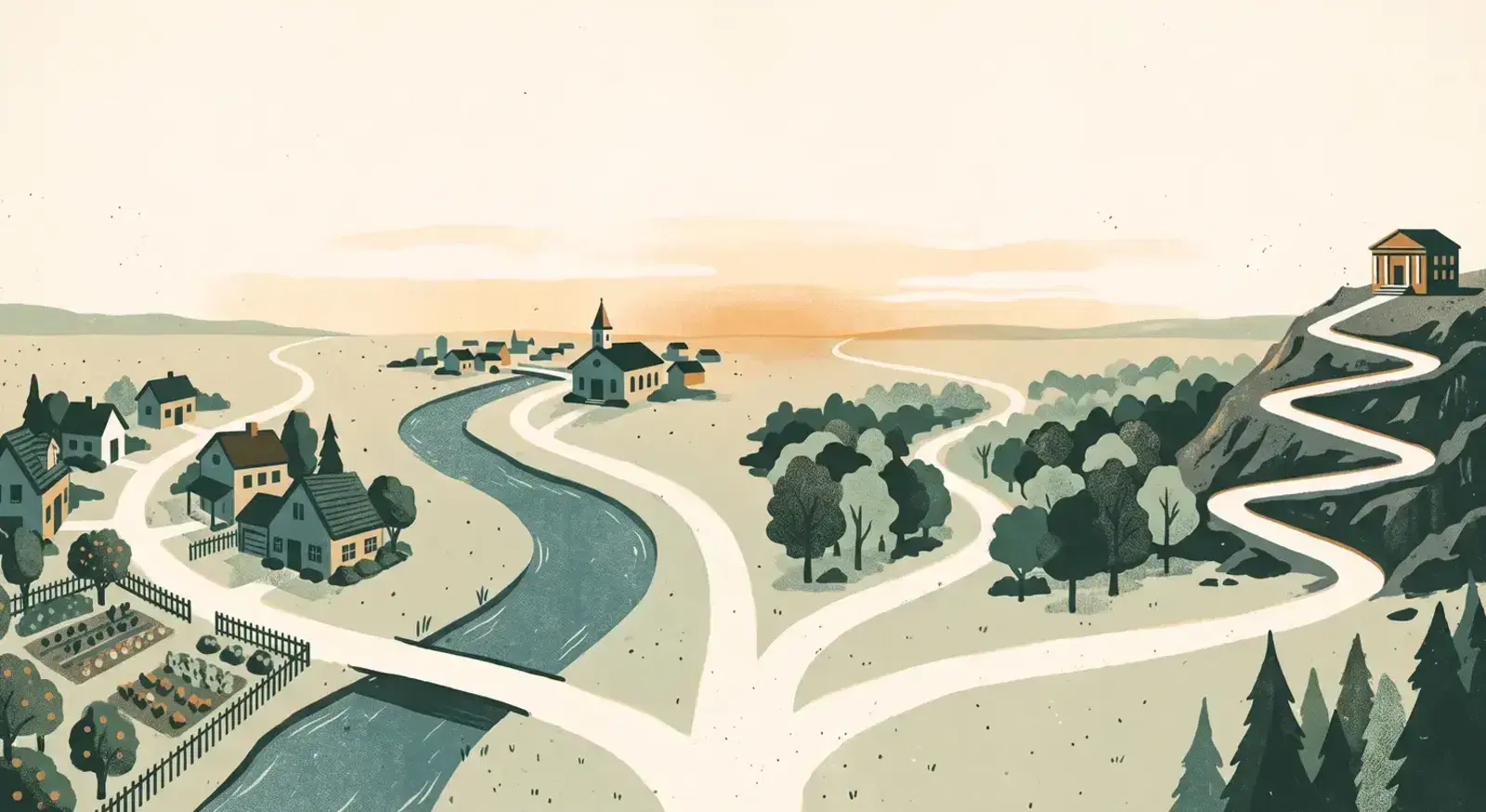 An illustrated landscape where one path splits into four roads: past family homes, along a river to a town, into a wooded valley, and up a long switchback to a hilltop library.