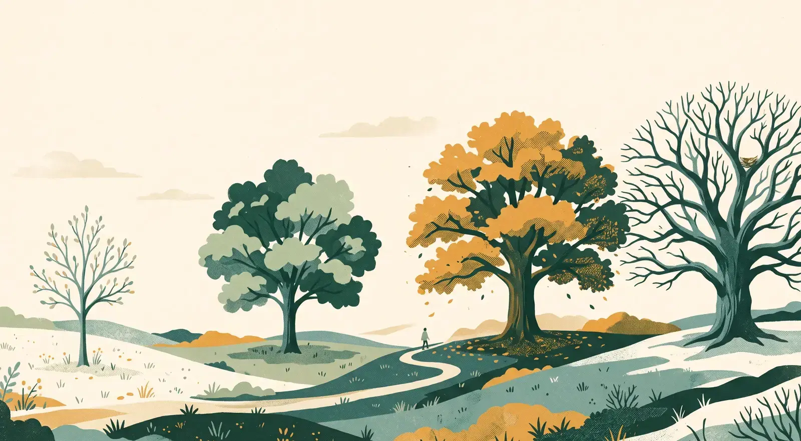 An illustrated landscape with one tree shown four times along a winding path: bare and young, full and green, gold in autumn, then broad and leafless, with a small walking figure on the path.