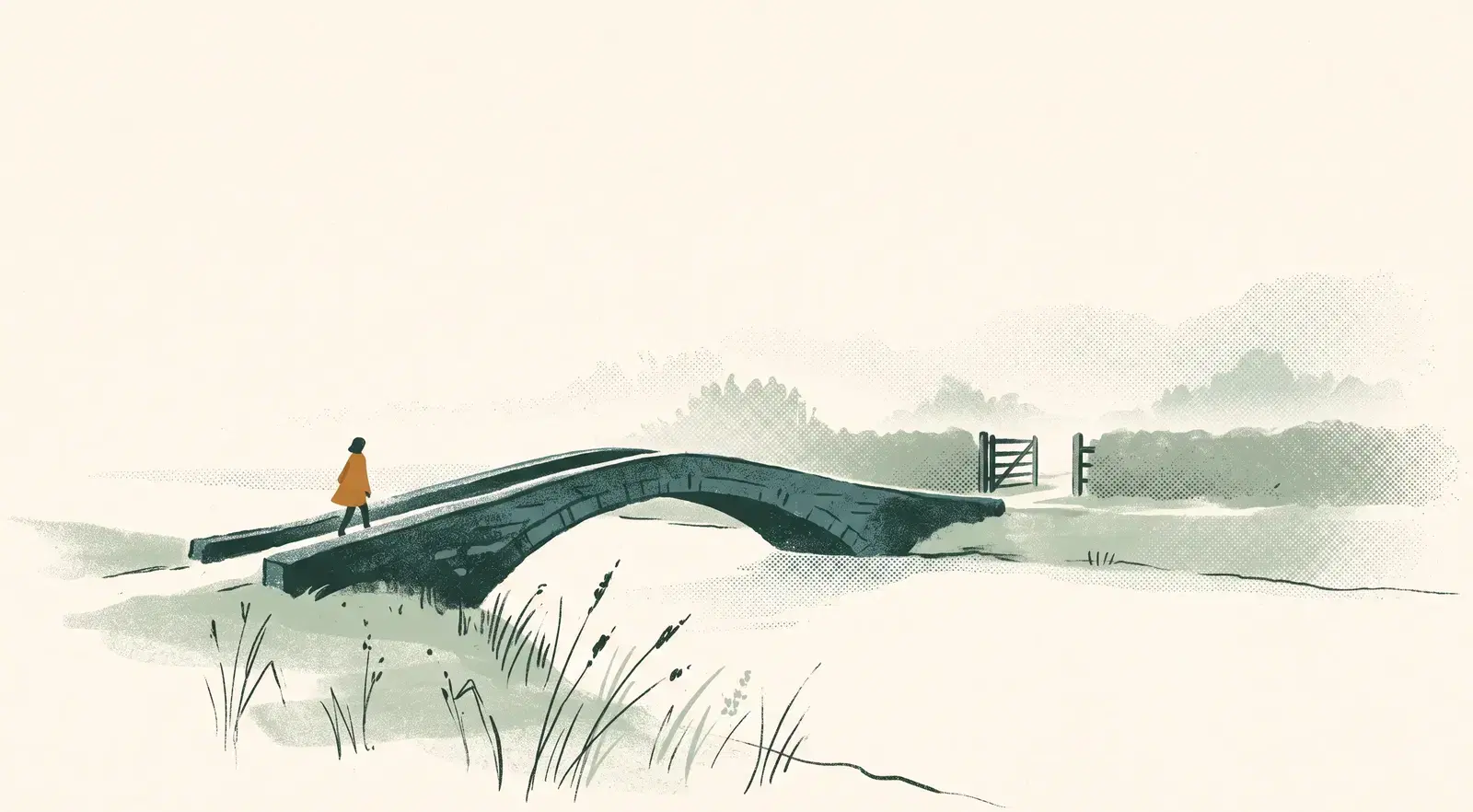An illustrated misty river at early morning, crossed by a narrow arched stone footbridge. A small figure in an amber coat steps onto the bridge toward an open wooden gate in a hedge on the far bank.