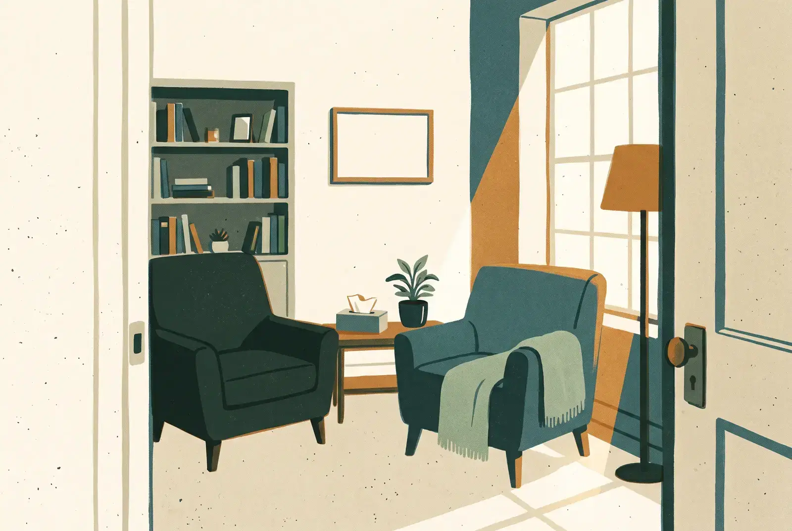 An illustrated therapy office seen from the doorway: two armchairs, a small table with tissues and a plant, afternoon light through a tall window.
