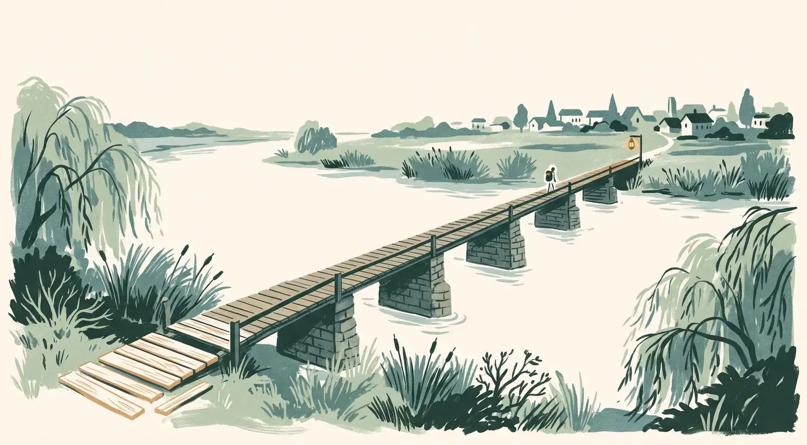 An illustrated wooden footbridge on stone piers crossing a wide, calm river toward a small town, with fresh planks at the near end, willows and reeds on the banks, an amber lantern at the far end and a tiny figure with a backpack walking across.