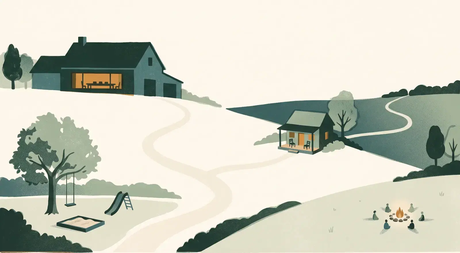 An illustrated hillside village at dusk: a farmhouse with a long table lit in its window, a cottage with two chairs facing each other on the porch, a playground with a swing and a sandbox, and a small circle of distant figures around a campfire, all joined by pale paths.