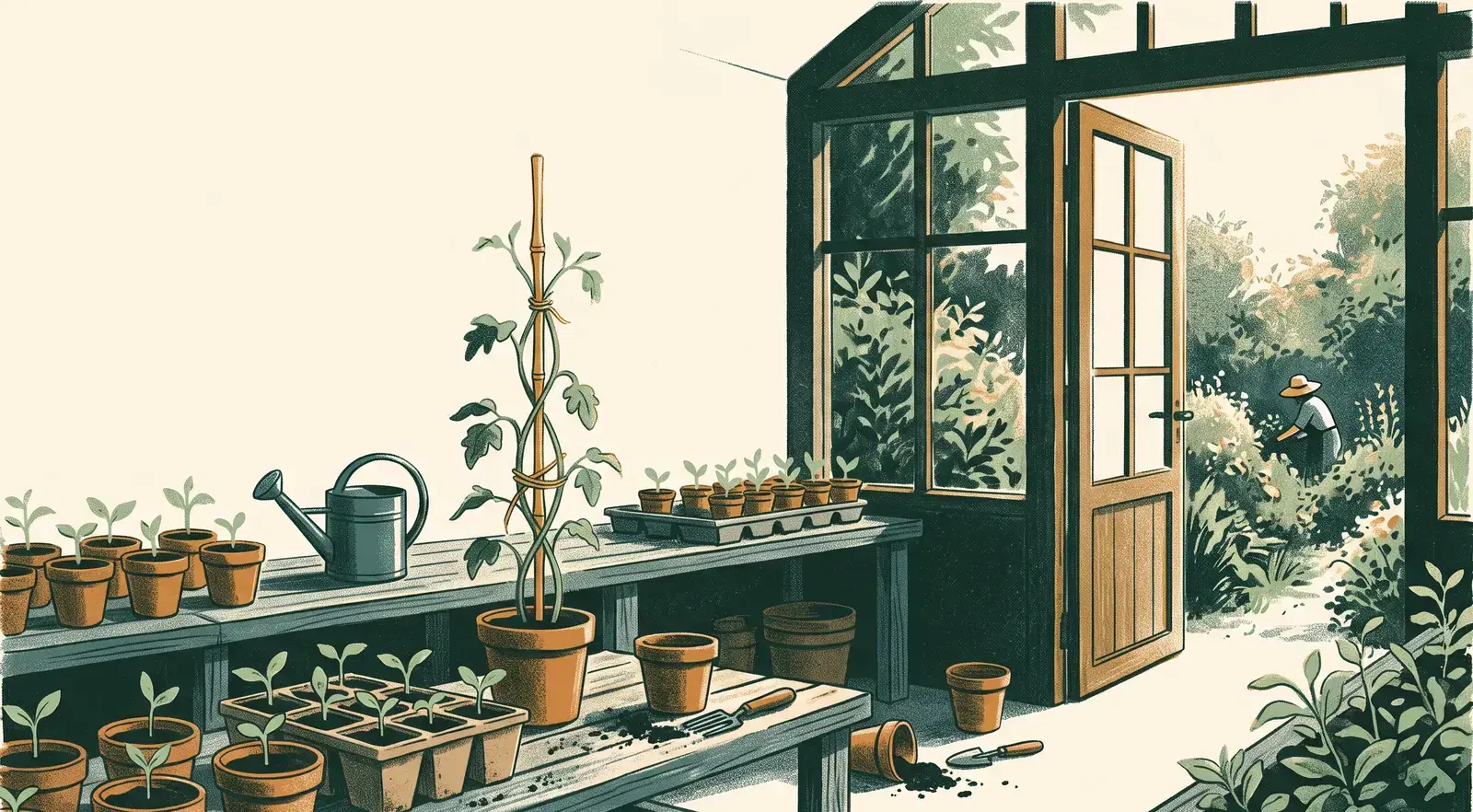 An illustrated greenhouse in morning light, with rows of seedlings in clay pots, one taller plant tied to a bamboo stake, a watering can, and an open door to a garden where a small figure tends the beds.