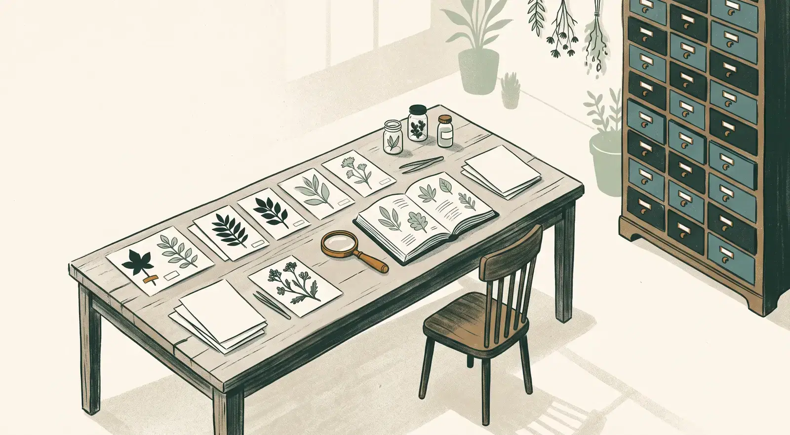 An illustrated study with a long wooden table of pressed leaves laid out in rows, a magnifying glass, an open field guide of plant drawings, and a tall cabinet of small drawers.