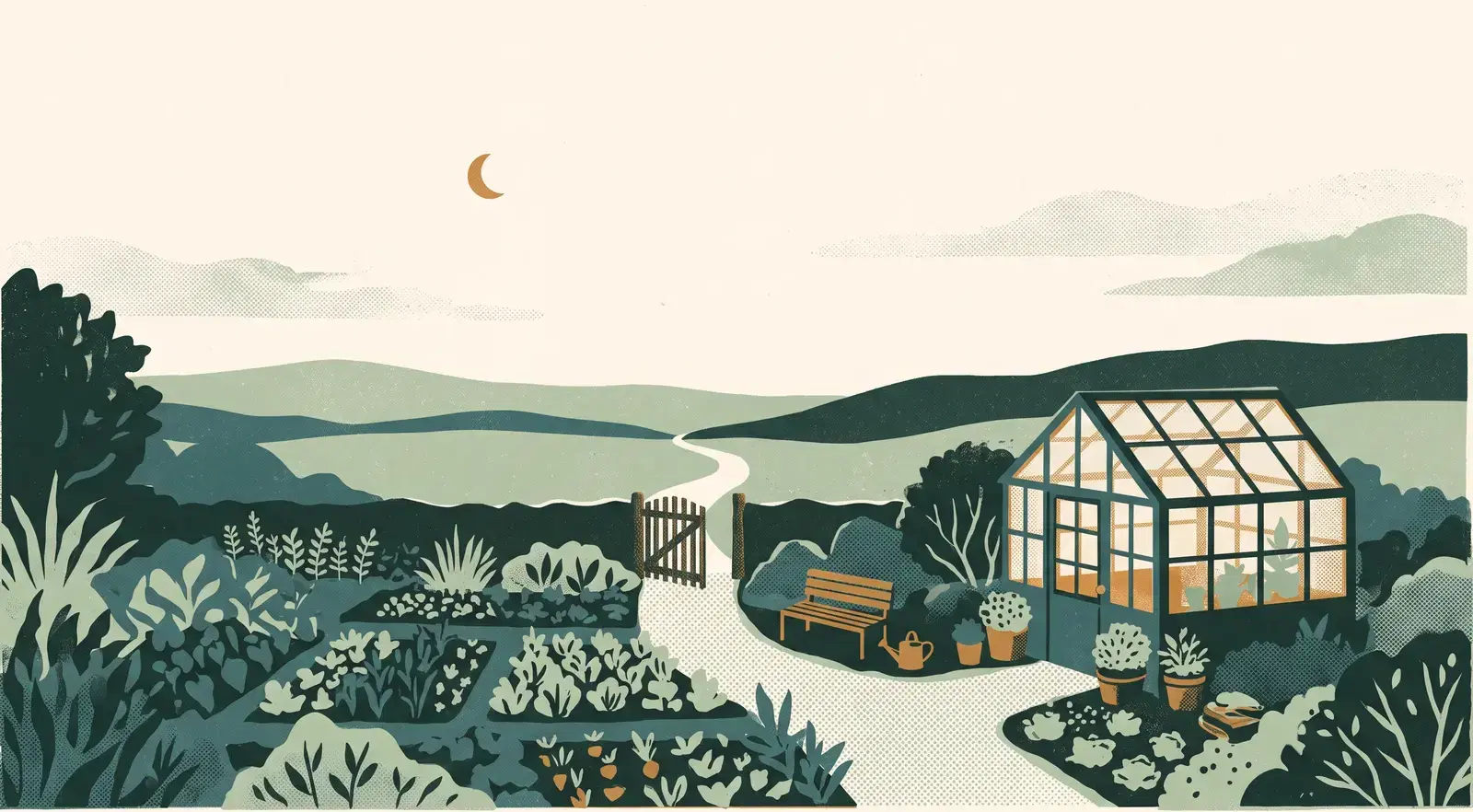 An illustrated evening garden with many distinct planting beds, a lit greenhouse, a bench and a watering can, and a gravel path running out through an open gate toward distant hills.