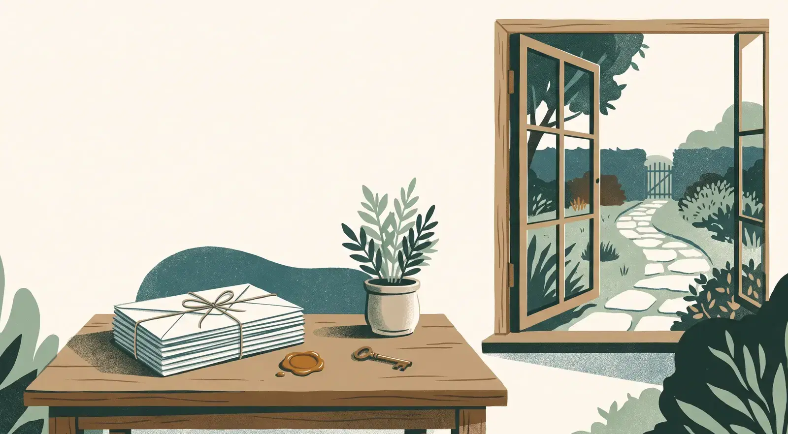 An illustrated wooden table beside an open window. On it sit a stack of blank envelopes tied with string, an amber wax seal, a brass key and a small potted plant. Through the window a stone garden path leads to a gate.