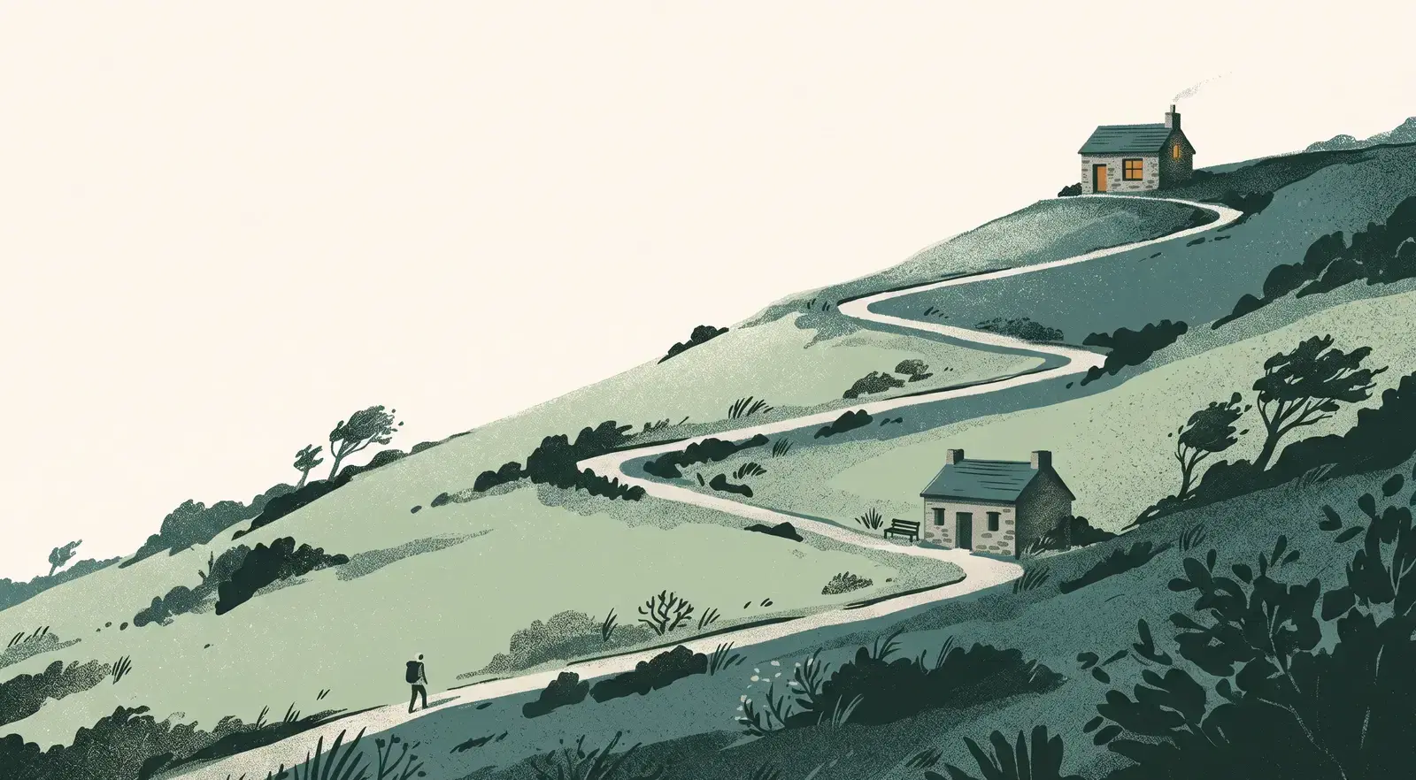 An illustrated green hillside with a long switchback footpath. A small walker starts at the bottom, a stone cottage with a bench sits halfway up, and a second cottage with one warm lit window waits at the top.