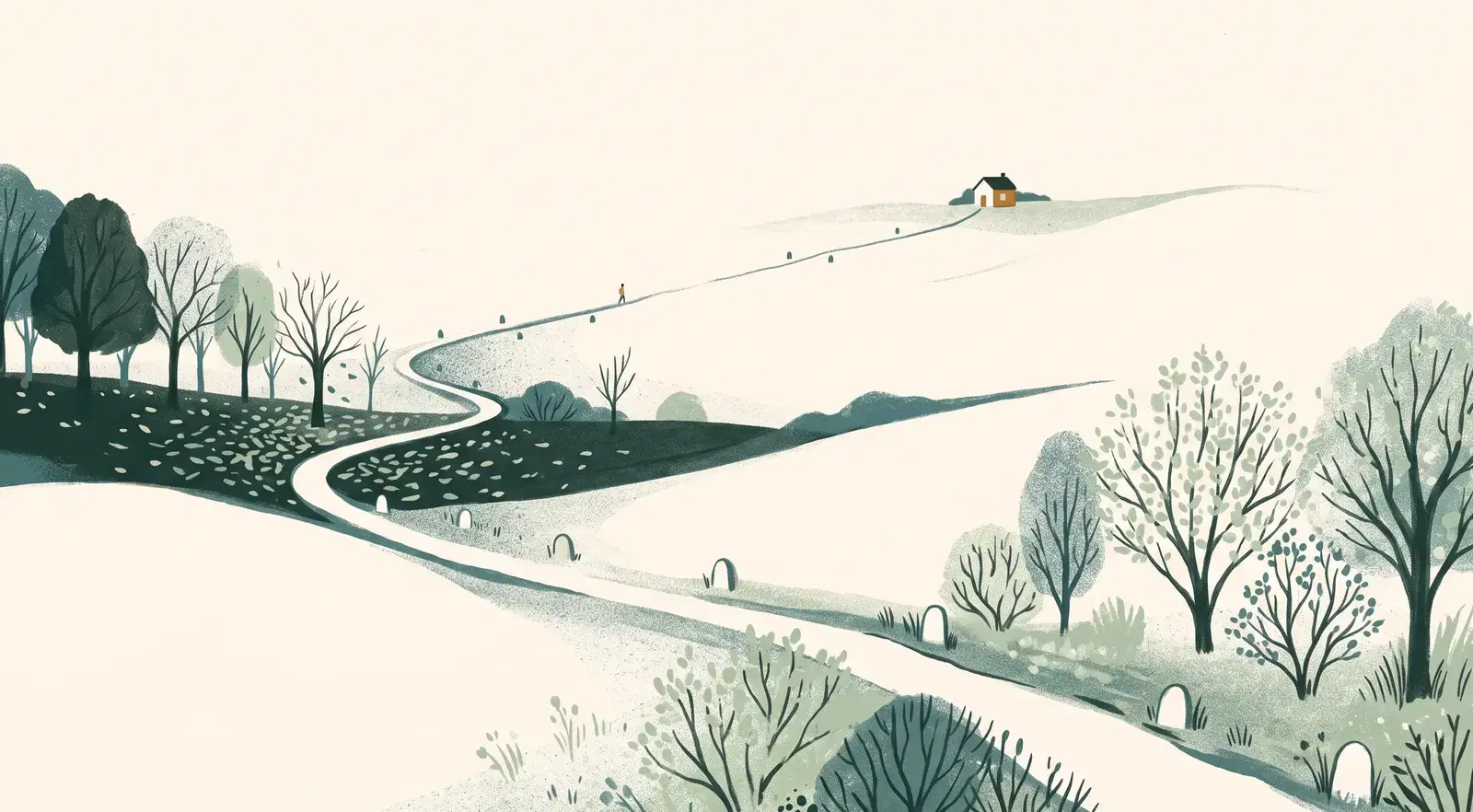 An illustrated footpath winding across pale rolling hills, marked by small milestone stones, with bare and budding trees along the way and a small house with one amber-lit window on a rise in the far distance.
