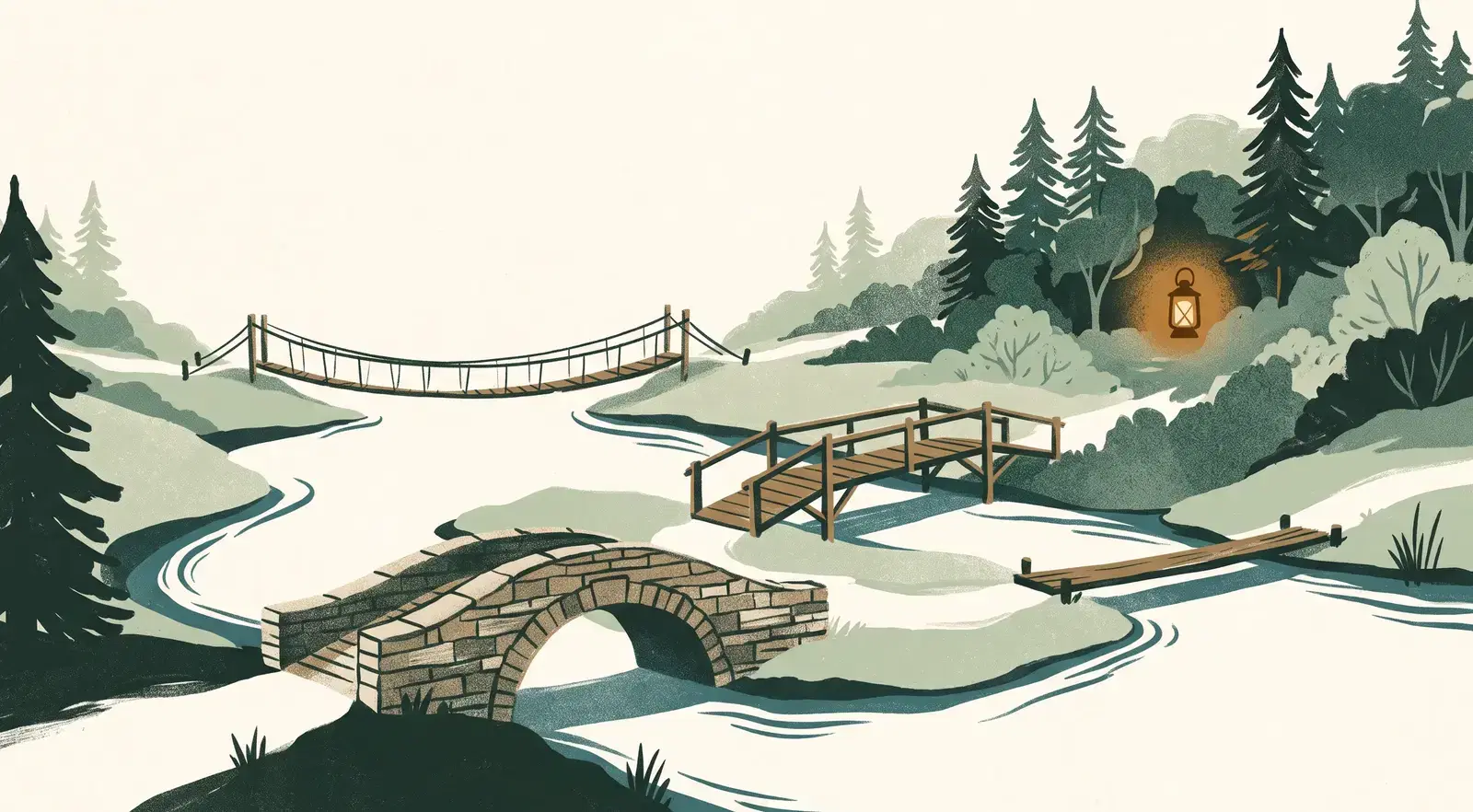 An illustrated river crossed by several different bridges, a stone arch, a wooden footbridge, a rope bridge and a simple plank, all reaching a far bank where one warm lantern glows.
