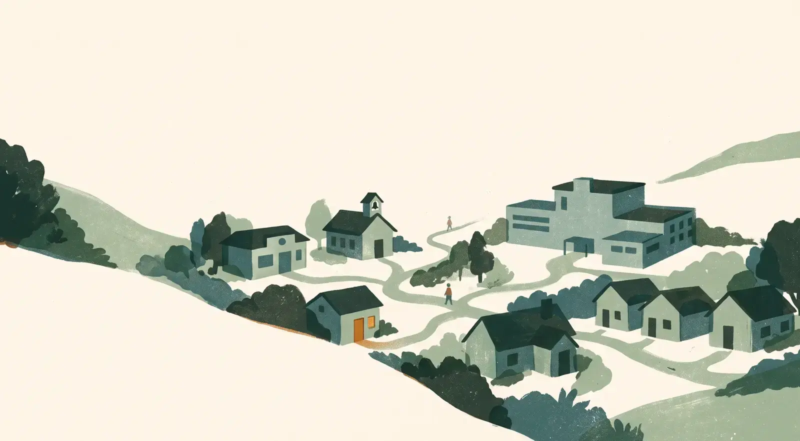 An illustrated valley town at dusk seen from a hillside: a small clinic, a schoolhouse with a bell tower, a larger hospital and a row of houses, joined by winding paths. One small house has a glowing amber door, and two tiny figures walk the paths.