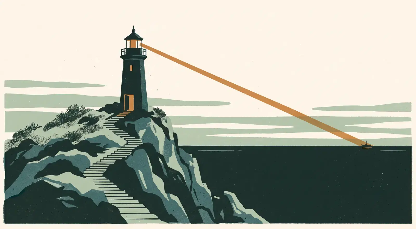 An illustrated lighthouse on a rocky headland at dusk, its warm beam reaching across a dark, calm sea to a small boat, with stone steps climbing to its open, lit door.