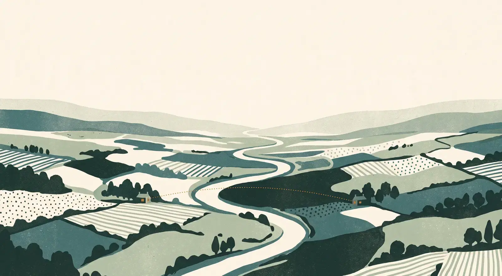 An illustrated valley of patchwork fields divided by a winding river, with a small lit cottage on each bank joined by a faint dotted line of light.