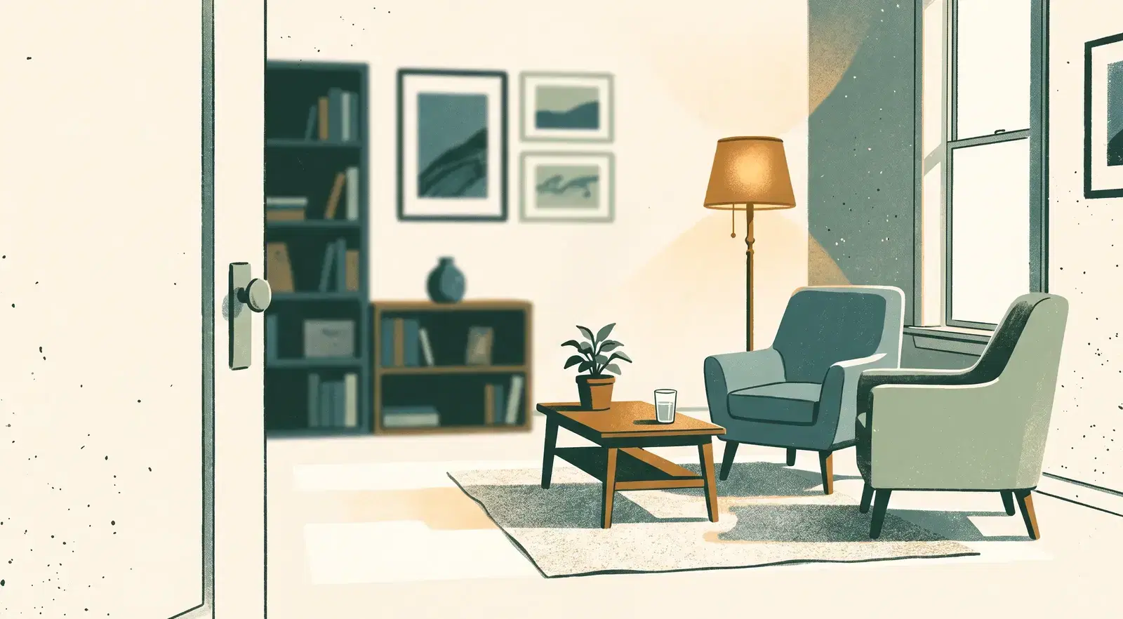 An illustrated therapy room seen through an open door: two armchairs angled toward each other by a tall window, a low table with a plant and a glass of water, a floor lamp glowing amber and bookshelves behind.